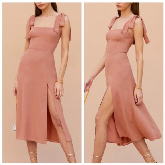 Reformation Dress Twilight Midi Sleeve Tie in Praline Pink - Picture 5 of 9